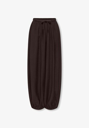 Longue jupe ample marron foncé avec taille élastique et cordon, ourlet froncé créant un effet ballon.