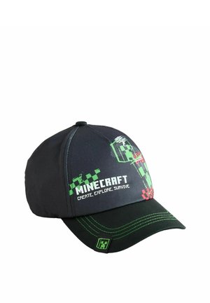 Sort Minecraft baseballcap med grønne og røde pixelerede designs og teksten "Create, Explore, Survive" på frontpanelet.