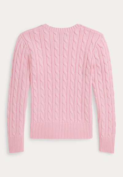 Ροζ πουλόβερ με πλεξίματα καλωδίων, διαθέτει ριγωτό λαιμόκοψη και μανίκια, με κάθετες ραφές καλωδίωσης και σφιχτή εφαρμογή στη μέση.