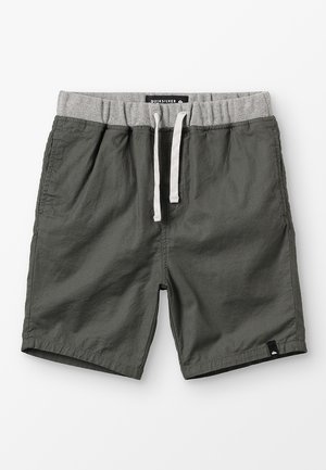 Mørkegrønne shorts med en grå elastisk taljebånd, snørejustering og sidelommer. Har en lille logomærkat på den nederste kant.