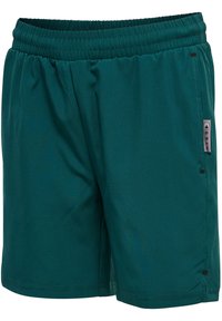 Teal träningsshorts med elastisk midja, med en sidoficka som har en kontrasterande märketikett och ett mjukt, lätt tyg.