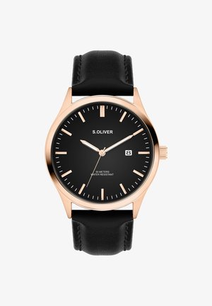 Montre à bracelet en cuir noir avec un boîtier rond en or rose, cadran noir, index horaires blancs et affichage de la date. Résistante à l'eau jusqu'à 50 mètres.
