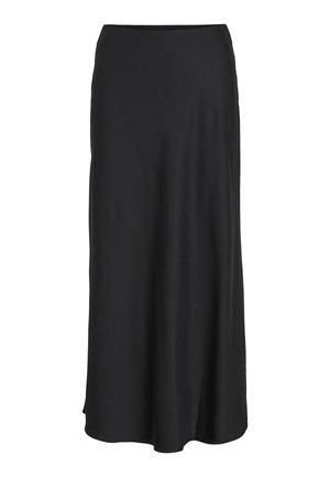 Sort maxinederdel lavet af glat, letvægtsstof. Har en enkel A-formet silhuet med en let udvidet kant og ingen synlige lukninger.