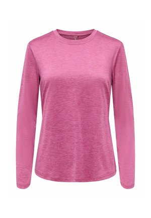 T-shirt rose à manches longues à col rond avec une texture chinée subtile et un ourlet légèrement incurvé, présenté sur un fond blanc uni.