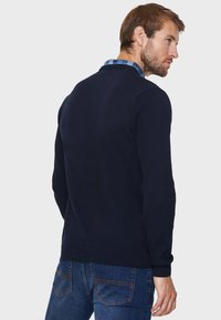 Dunkelblauer Pullover aus Strickstoff, mit gerippten Bündchen und Saum, darunter ein Hemd mit Kragen, von hinten gezeigt.