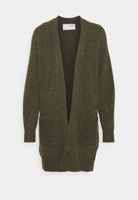 Olivgrön stickad cardigan med lös passform, öppen front och två framfickor; har subtila sömdetaljer på ärmarna.