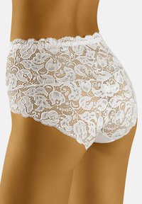 White lace panties featuring intricate floral patterns, scalloped edges, and a sheer texture, designed for a snug fit.