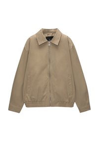 Beige zip-up jacket made from smooth fabric. Features a button-down collar, side pockets, and elasticized cuffs and hem.