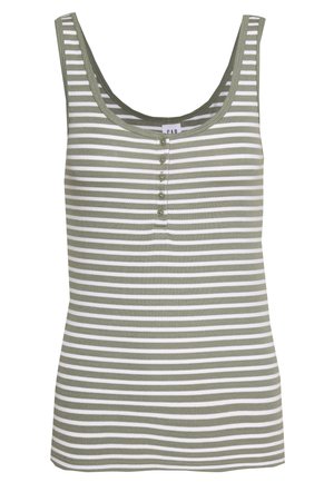 Pasiasty top bez rękawów w oliwkowym zielonym i białym kolorze, z prążkowanej tkaniny, dekoltem w serek, z pięcioma guzikami z przodu.