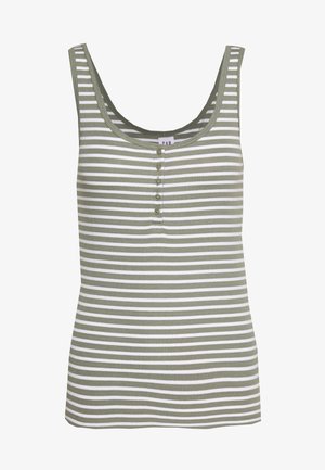 Pasiasty top bez rękawów w oliwkowym zielonym i białym kolorze, z prążkowanej tkaniny, dekoltem w serek, z pięcioma guzikami z przodu.