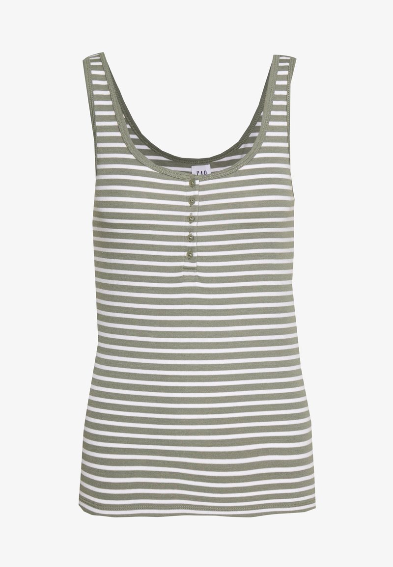 Débardeur rayé en vert olive et blanc, en tissu côtelé, avec décolleté en scoop, doté de cinq boutons sur le devant. Design sans manches.