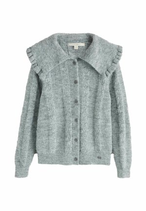 Grauer gestrickter Cardigan zum Knöpfen mit strukturiertem Muster und großem Rüschenkragen, langen Ärmeln sowie gerippten Bündchen und Saum.