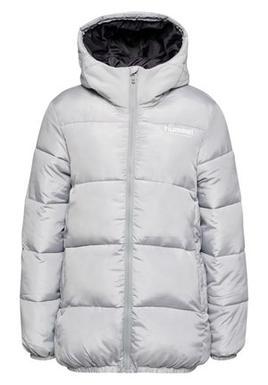 Light gray puffer jacket with a hood, featuring quilted texture, front zipper, and embroidered logo on the left chest.