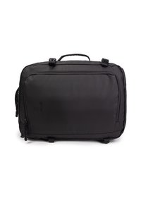 Black nylon travel backpack with a rectangular shape, top handle, exterior zip pockets, and adjustable straps. Smooth texture and durable design.