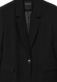 Schwarzer Blazer aus glattem Stoff, mit Reverskragen, Knopfverschluss mit einem Knopf und zwei Fronttaschen. Das Etikett lautet "CALLIOPE", Größe S.