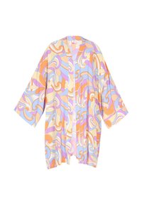 Îmbrăcăminte de tip kimono dintr-un material ușor. Prezintă un model abstract multicolor cu spirale în nuanțe pastelate de portocalie, mov și galben.