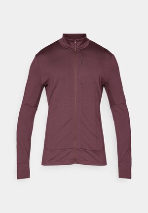 Bordeauxfarbene Zip-Jacke mit Stehkragen, langen Ärmeln und elastischem Stoff; ausgestattet mit seitlichen Taschen und einer glatten Textur.