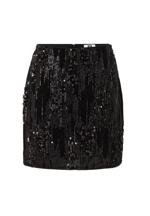 Gonna mini nera con paillettes, caratterizzata da una texture in velluto, strisce verticali di paillettes e una cerniera nascosta sul retro.