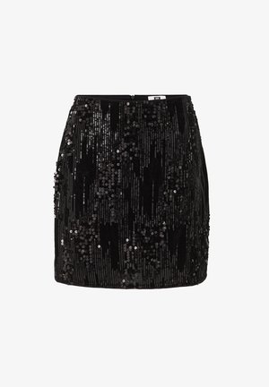 Czarna mini spódnica z cekinami o welurowej teksturze, z pionowymi paskami cekinów i ukrytym zamkiem z tyłu.