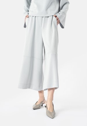 Vide grå bukser med vide ben kombinert med spisse slingback hæler, båret med hendene i lommene og en matchende lys grå topp.