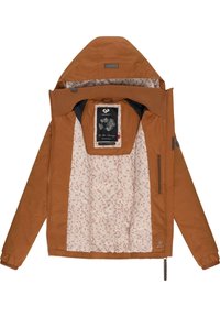 Brązowa kurtka z kapturem, z wzorzystą podszewką. Zawiera zamek błyskawiczny, ściągacze przy mankietach i logo na zewnątrz oraz wewnątrz.