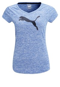 Camiseta de manga corta de cuello en V de color azul jaspeado, con un gran logo negro de Puma centrado en el pecho.