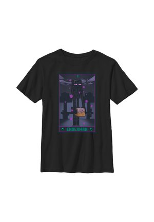 Sort t-shirt med en pixeleret Enderman, der holder en græsblok med lilla partikler omkring sig, og ordet "ENDERMAN" nedenunder.