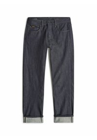 Jeans de denim azul oscuro con un diseño de pierna recta, que presentan un cierre de botón, cinco bolsillos y puños enrollados con tela de contraste.