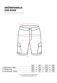 Størrelsesguide for Kinnaird cargo shorts, der inkluderer målinger for talje, hofter og indersøm. Illustrerer shorts med lommer og knaplukning.