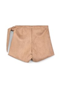 Gonna avvolgente in suede beige con nodo laterale, pieghe posteriori e chiusura con cerniera al centro sul retro, su sfondo bianco.