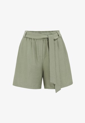 Svetlozelené šortky vyrobené z mäkkej tkaniny, so širokým pásom, predným opaskom na viazanie a bočnými vreckami. Jednoduchý, uvoľnený strih.
