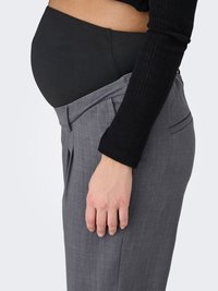 Gray maternity pants with a smooth texture and pleated front, featuring a black stretchy waistband for comfort and support during pregnancy.