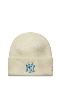 Berretto a maglia color crema con texture a coste e bordo ripiegato. Presenta un logo di New York ricamato di colore azzurro chiaro sul davanti.