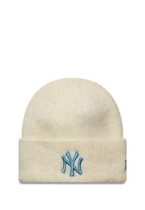 Berretto a maglia color crema con texture a coste e bordo ripiegato. Presenta un logo di New York ricamato di colore azzurro chiaro sul davanti.