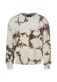 Sudadera peluda de color crema claro con patrón de tie-dye marrón, escote redondo y mangas largas. Pequeño detalle de logo en el pecho.