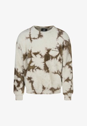 Sudadera peluda de color crema claro con patrón de tie-dye marrón, escote redondo y mangas largas. Pequeño detalle de logo en el pecho.