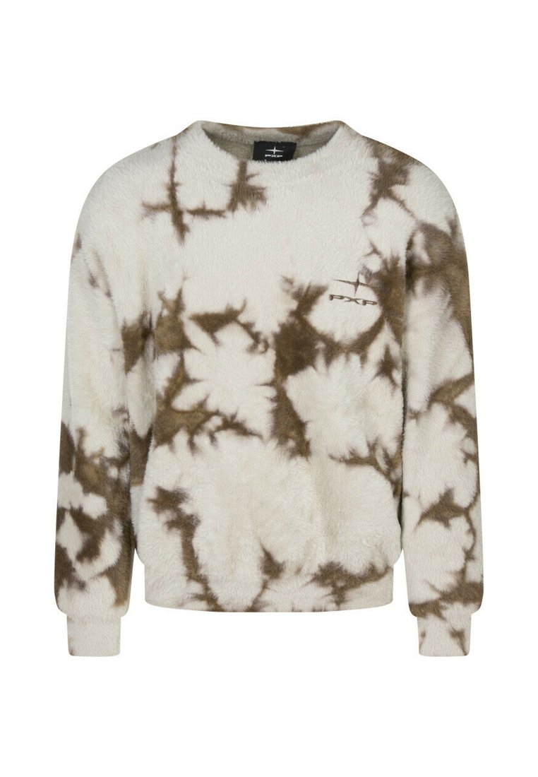 Sudadera peluda de color crema claro con patrón de tie-dye marrón, escote redondo y mangas largas. Pequeño detalle de logo en el pecho.