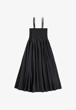 Robe longue noire avec un corsage froncé, bretelles fines ajustables et une jupe fluide et froncée en tissu léger.