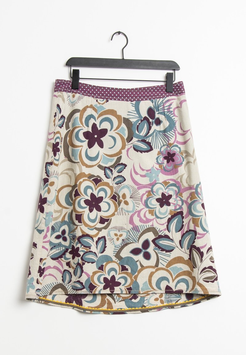 Jupe à motif floral avec une base beige, ornée de fleurs bleues, violettes et brunes. Taille à pois violets. Tissu en coton, forme en A.