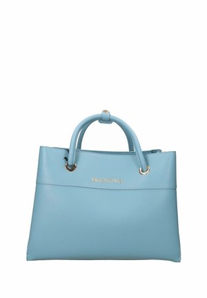 Borsa Valentino azzurro chiaro con due manici arrotondati, dettagli in oro e nome del marchio centrato sulla parte anteriore.