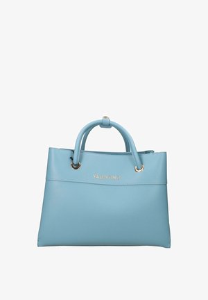 Borsa Valentino azzurro chiaro con due manici arrotondati, dettagli in oro e nome del marchio centrato sulla parte anteriore.