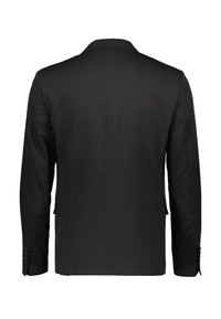 Zwarte getailleerde blazer, gladde stof, enkele achterkantopening, revers met inkeping, lange mouwen, manchetten met knopen, geen zichtbare patronen, twee zijzakken.