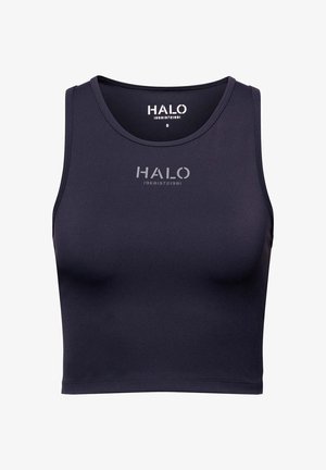 Svart kort topp i mjukt, elastiskt tyg. Har rund halsringning och HALO-logotyp i kontrasterande tryck. Enkel, stilren design utan utsmyckningar.