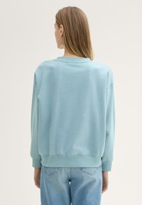 Light blue, cotton blend sweatshirt with a relaxed fit, crew neckline, and ribbed cuffs and hem. Features drop shoulders and smooth texture.