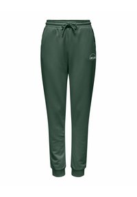 Grønne joggebukser med elastisk midjebånd, justerbar snor og ribbestrikkede mansjetter. Har en hvit logodetalj på forsiden.