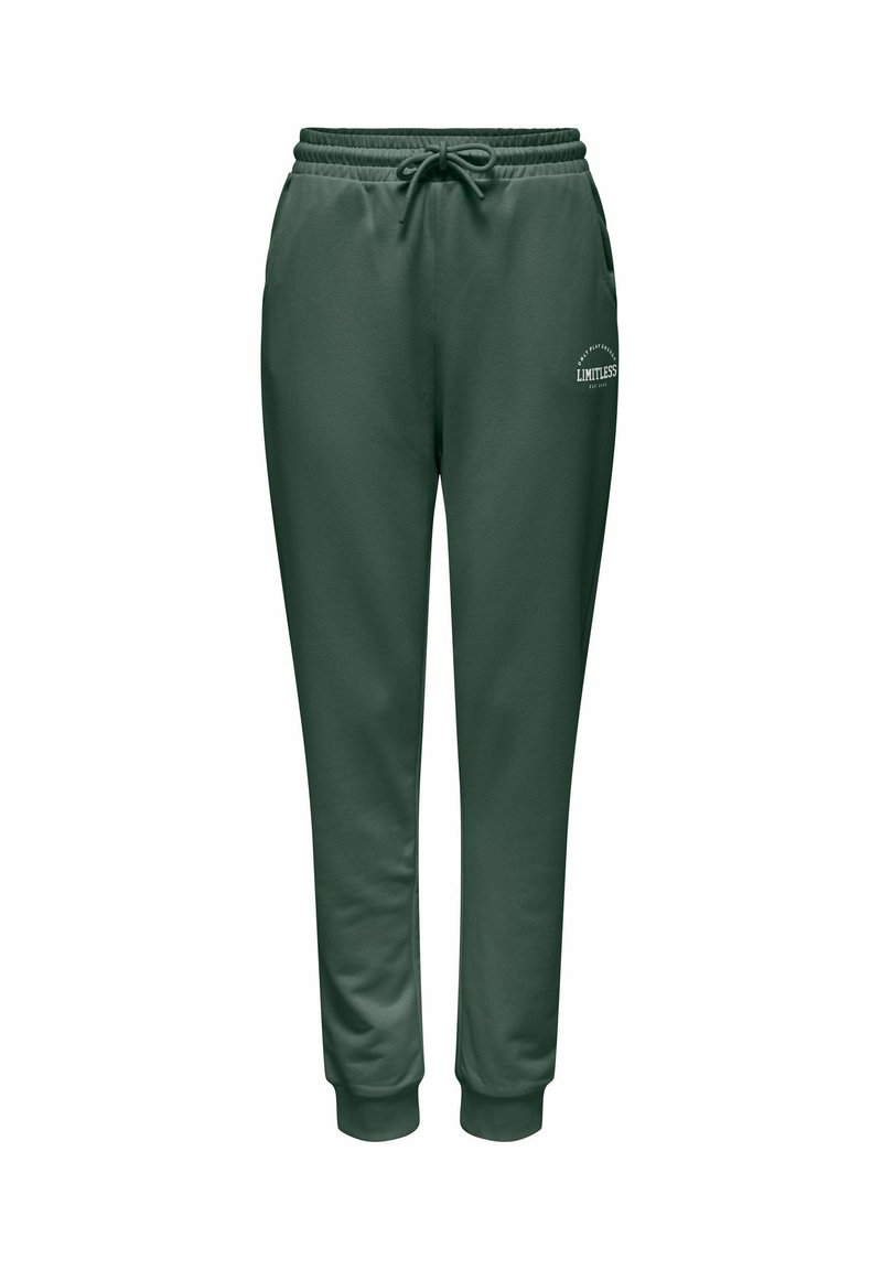 Grønne joggebukser med elastisk midjebånd, justerbar snor og ribbestrikkede mansjetter. Har en hvit logodetalj på forsiden.