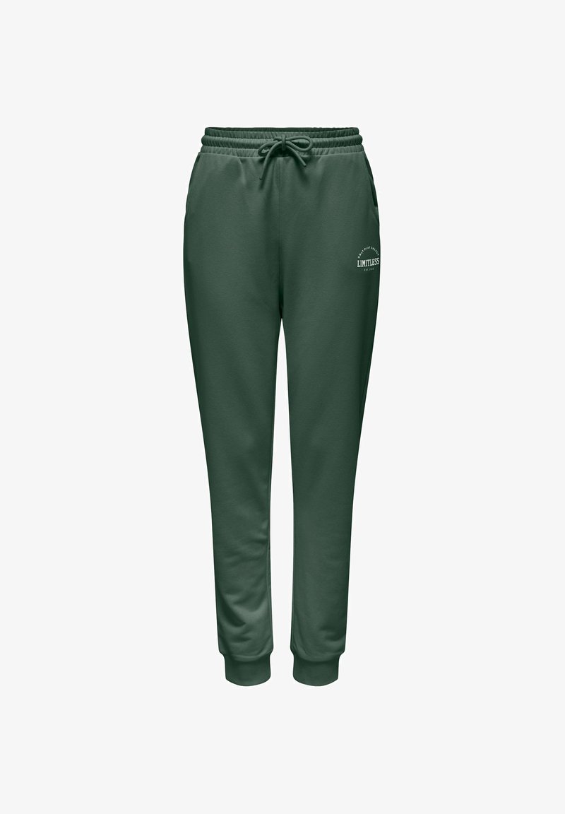 Grønne joggebukser med elastisk midjebånd, justerbar snor og ribbestrikkede mansjetter. Har en hvit logodetalj på forsiden.