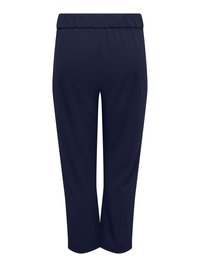 Pantalon bleu marine à jambes droites avec une ceinture élastique, vu de dos sur fond blanc.