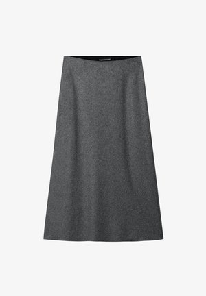 Grauer, wollener A-Linien-Rock mit glatter Textur und einfarbigem Design, mit hoher Taille und ohne sichtbare Muster oder Verzierungen.