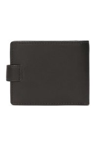 Fekete bőr pénztárca sima felülettel, téglalap alakú, oldalról csattal záródik. Párnázott élei és minimalista dizájnja van.